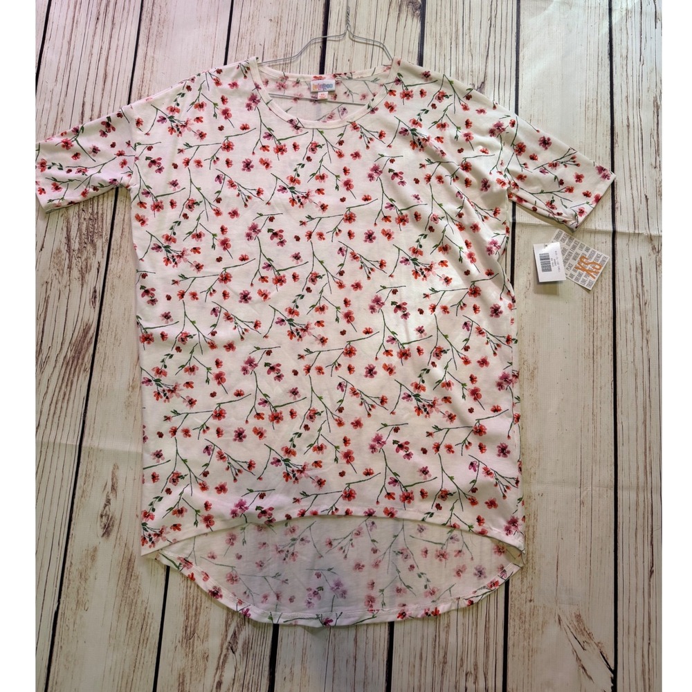 LuLaRoe Irma Tunic Top Womens XS White Red Floral High Low Short Sleeve NWT